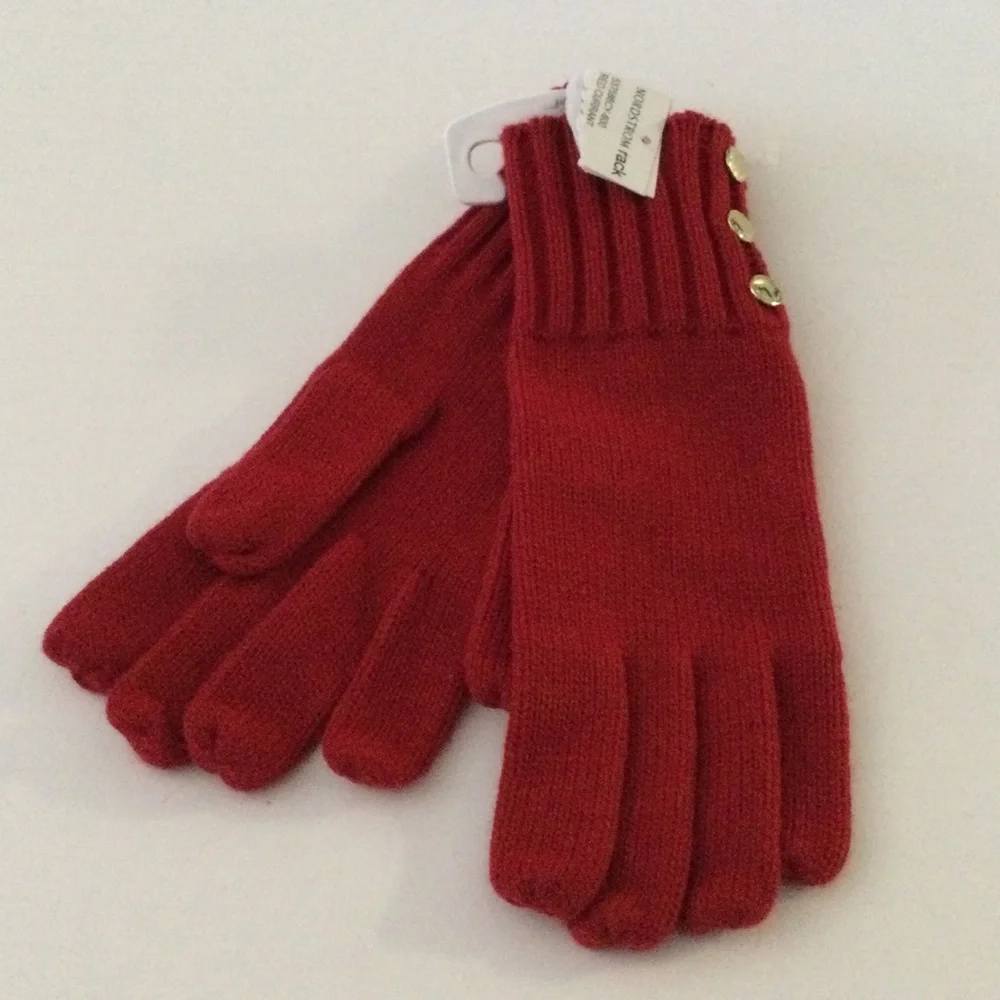 MICHAEL MICHAEL KORS WOMENS KNIT GLOVES WITH GOLD BUTTON DETAIL RED OS NWT